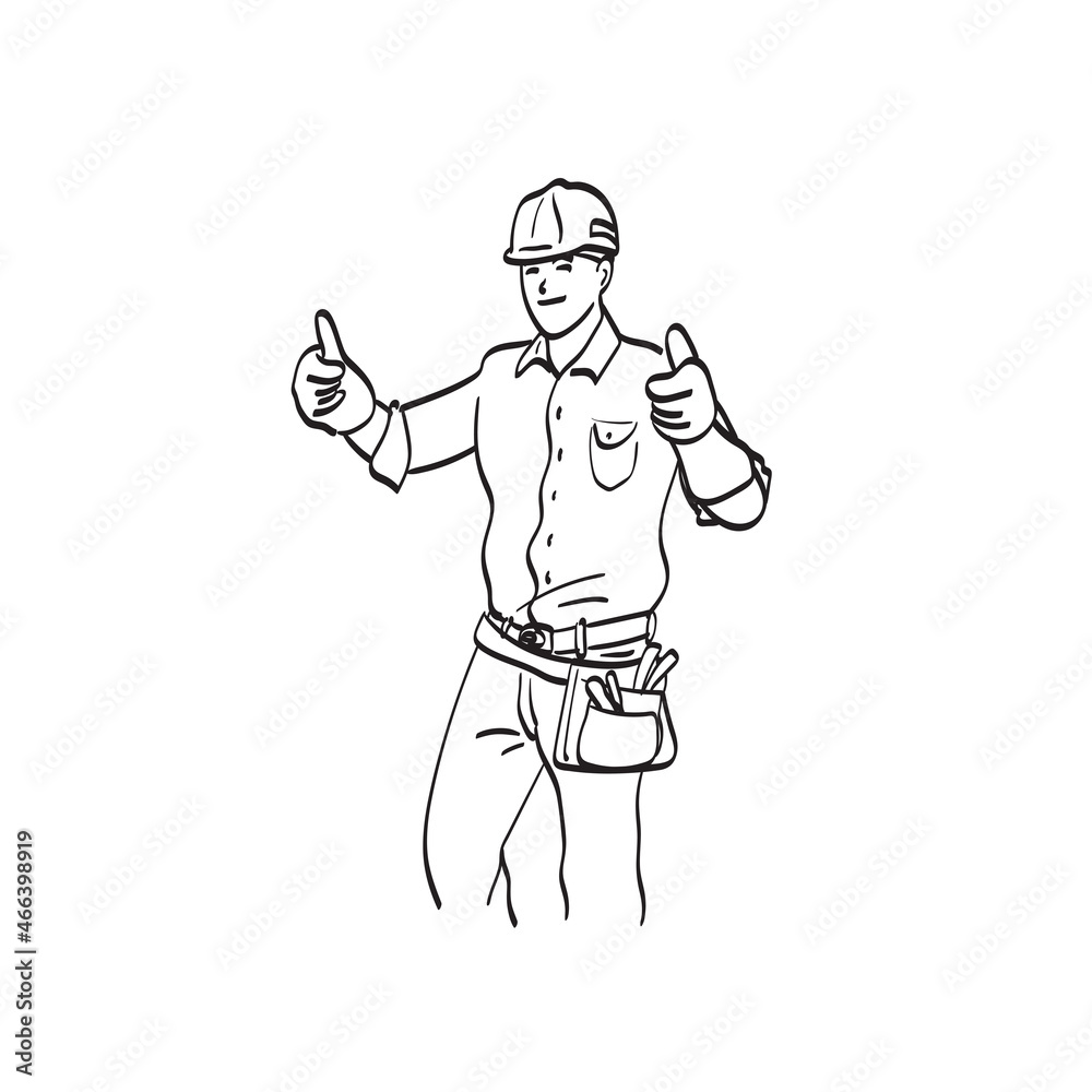 successful male worker with hard hat showing thumbs up hand sign illustration vector isolated on white background line art. successful male worker with hard hat showing thumbs up hand sign illustration vector isolated on white background line art.