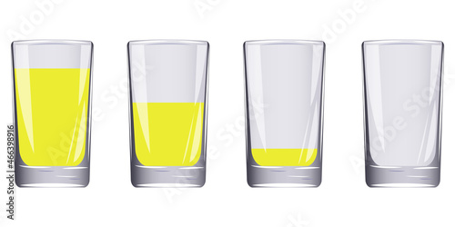 Three glasses of lemonade. A full, half-empty, empty glass. Drinks in glasses. Vector illustration. Stock image. 