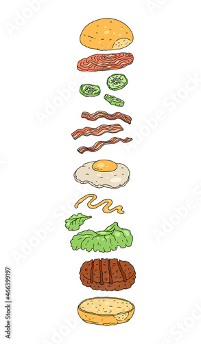 Scheme of burger recipe with fried bacon and eggs vector illustration isolated.