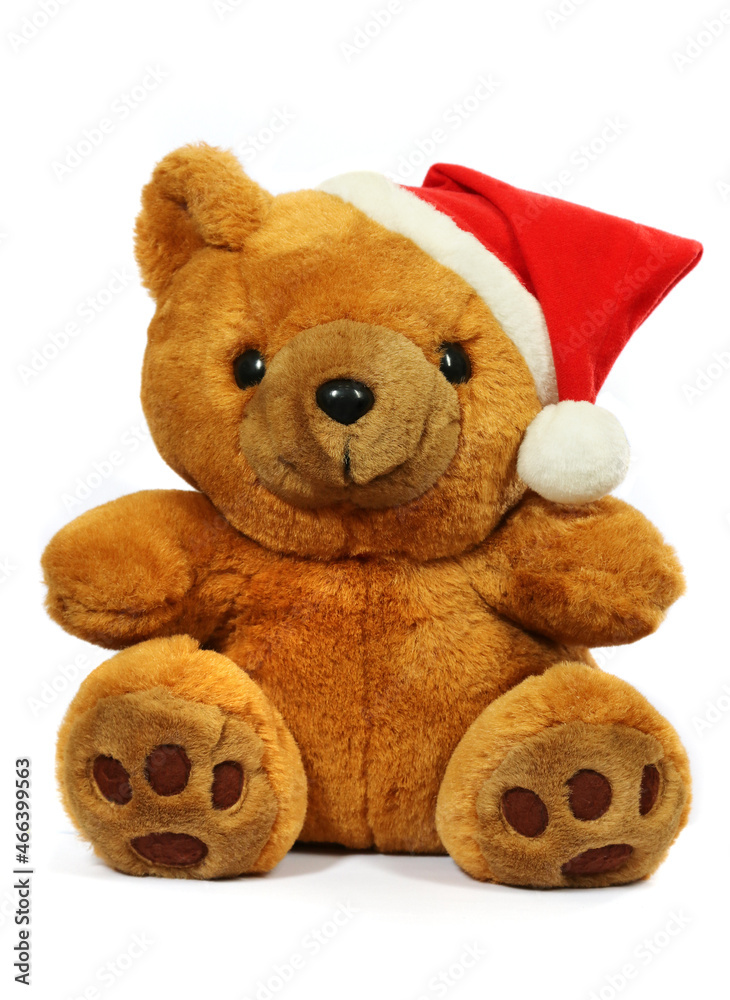 Soft toy bear in a Christmas hat on a white background. Soft toy bear in a Christmas hat on a white background.