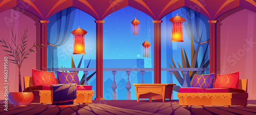 Arabic living room interior, middle east hotel or palace oriental design with furniture, balcony and arched windows with night ancient city view, arab islamic dwelling, Cartoon vector illustration