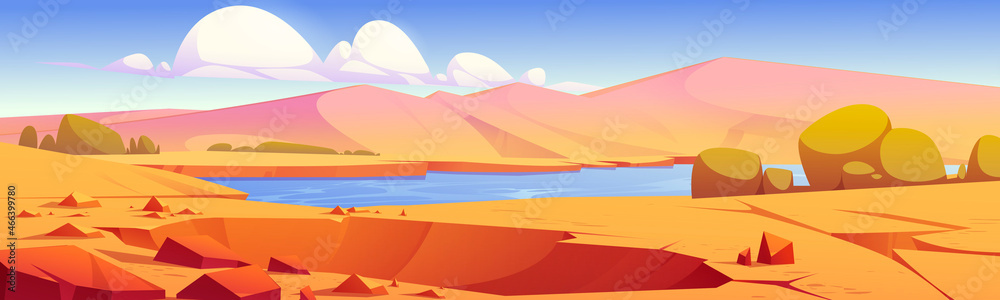 Crater in desert oasis with river, sand dunes and plants cartoon landscape. Vector parallax background for game with deep hole sandy ground after meteor or asteroid impact. Sahara panoramic scene