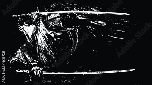 A sinister demonic samurai in a tengu mask, with two long katanas, stands in the dark with his arms crossed, wearing a spacious kimono and long hair, his weapon shines. 2d blob art