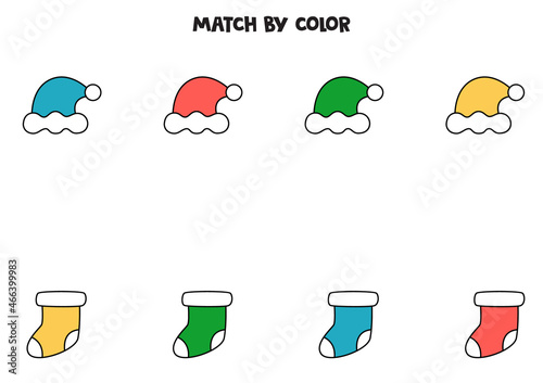 Color matching game for preschool kids. Match socks and hats by colors.