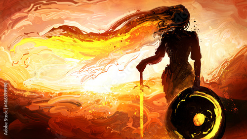 A feminine silhouette of a knight girl with a shield on which a crescent moon and a golden glowing sword, she has long magical hair, against the background of a bright sunset. 2d oil illustration