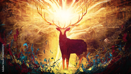 Foto art with a magical forest deer with big golden horns, she stands in a clearing with flowers, behind him a huge tree glowing with yellow divine light