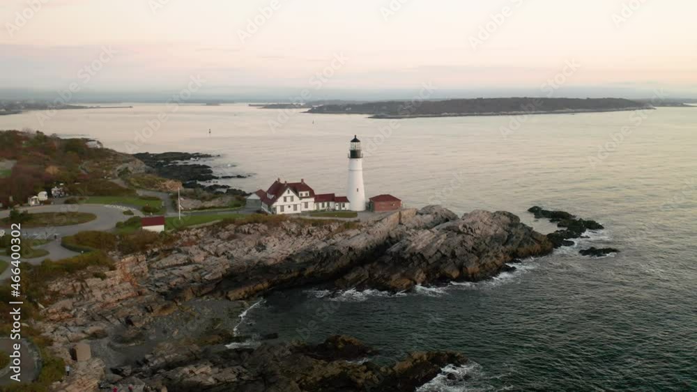 Stunning oscillating aerial shot of the Portland Headlight Lighthouse in Portland, Maine Stunning oscillating aerial shot of the Portland Headlight Lighthouse in Portland, Maine