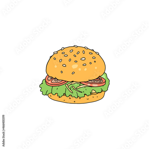 Vegan burger or sandwich with vegetables colorful vector illustration isolated.