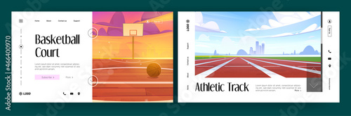 Basketball court and athletic track banners. Vector landing pages of sport grounds with cartoon illustration of empty stadium with running lane and field with ball and hoop