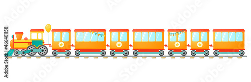 Kids train toy with orange wagons in cartoon style. Vector illustration isolated on white background.