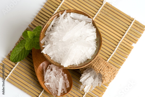 Kitchen mint and crystals menthol isolated on white background.