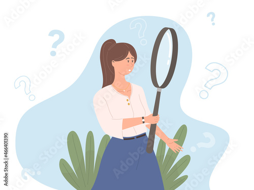 Woman holding giant magnifying glass Concept of investigation search for information