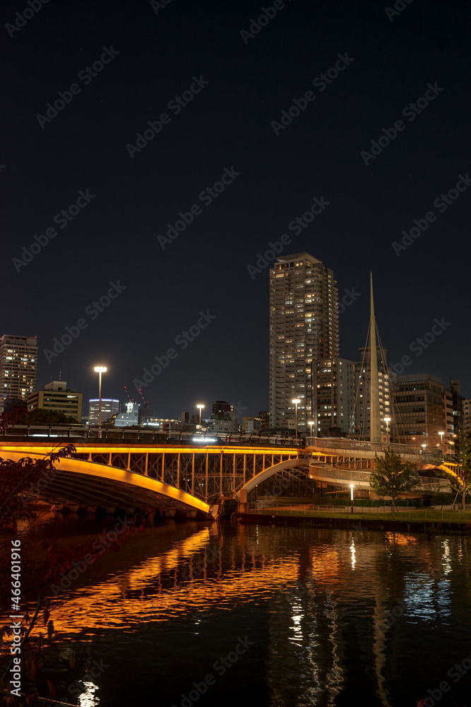 大阪中之島・ライトアップされる天神橋と大阪の夜の街並み