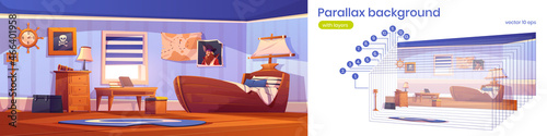 Boy bedroom in pirate thematic with ship bed, captain portrait and skull picture on wall. Vector parallax background with cartoon interior of empty kids room with spyglass and steering wheel clock