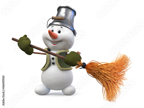 3d illustration A snowman with a broom and bucket on his head