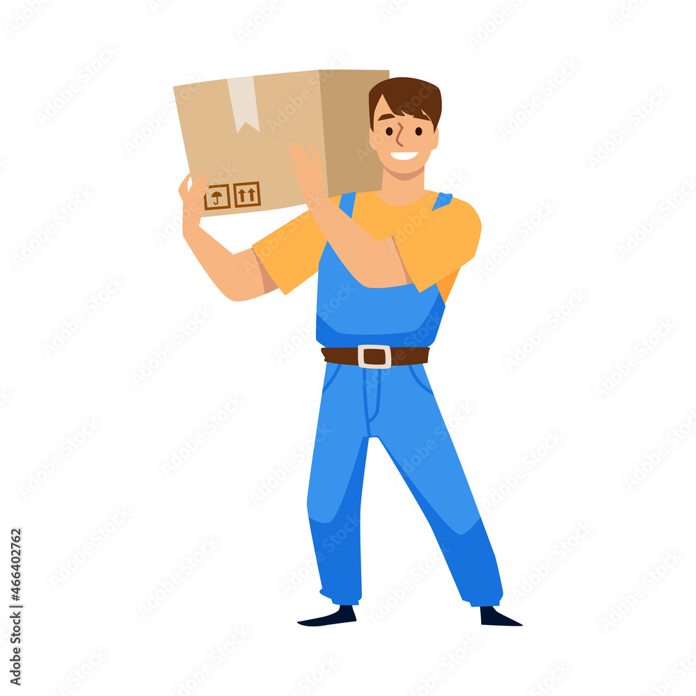 Smiling mover hold carton box on his shoulder. Warehouse worker deliver package cargo, cartoon vector illustration. Smiling mover hold carton box on his shoulder. Warehouse worker deliver package cargo, cartoon vector illustration.