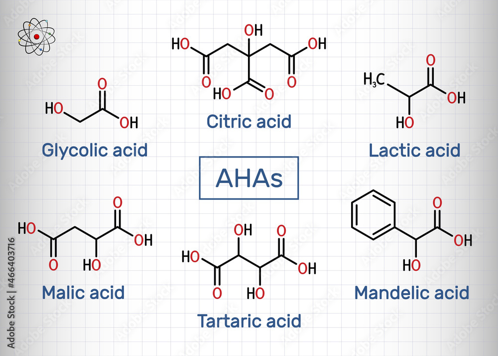 Alpha hydroxy acids, AHA. Glycolic C2H4O3, lactic C3H6O3, malic C4H6O5, tartaric C4H6O6, citric C6H8O7, mandelic acid C8H8O3 molecule. Sheet of paper in a cage Alpha hydroxy acids, AHA. Glycolic C2H4O3, lactic C3H6O3, malic C4H6O5, tartaric C4H6O6, citric C6H8O7, mandelic acid C8H8O3 molecule. Sheet of paper in a cage