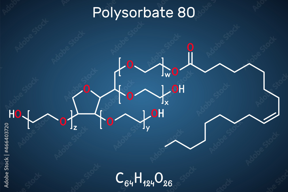 Polysorbate 80 molecule. Polysorbate is nonionic surfactant and emulsifier. Structural chemical formula on the dark blue background