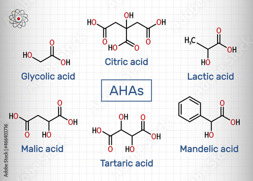 Alpha hydroxy acids, AHA. Glycolic C2H4O3, lactic C3H6O3, malic C4H6O5, tartaric C4H6O6, citric C6H8O7, mandelic acid C8H8O3 molecule. Sheet of paper in a cage