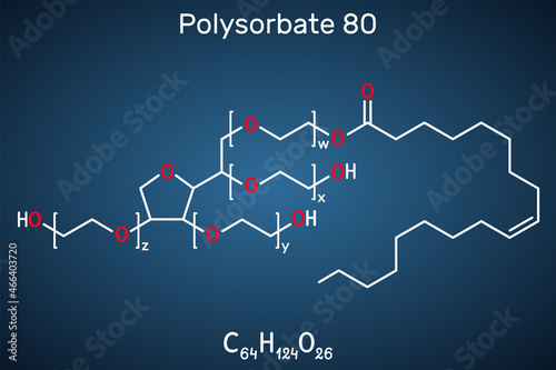 Polysorbate 80 molecule. Polysorbate is nonionic surfactant and emulsifier. Structural chemical formula on the dark blue background photo