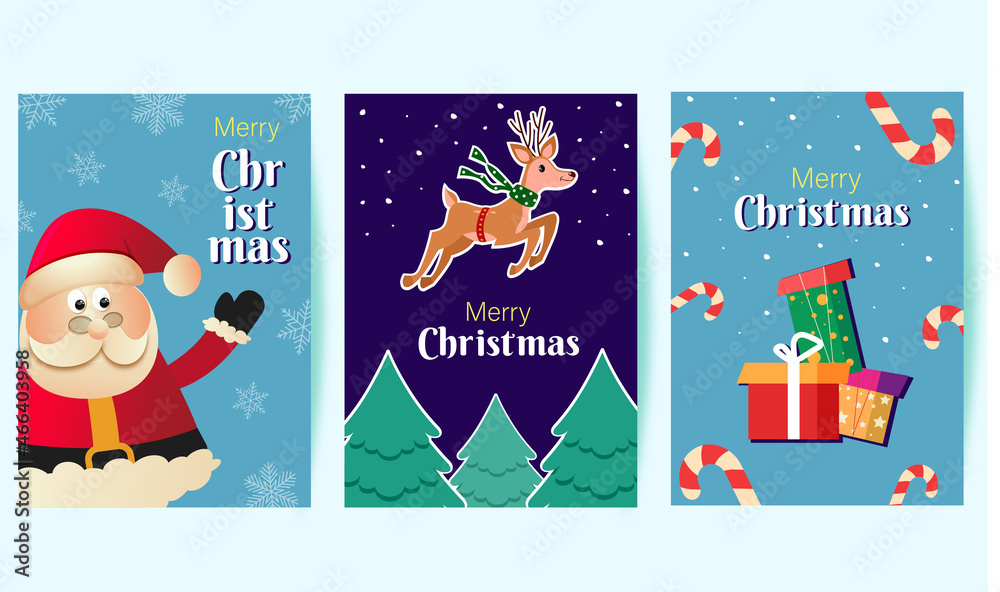 Fototapeta premium Christmas greeting card collection with colorful flat illustration of Santa, Deer and holiday decorations. Christmas poster or flyer design set.