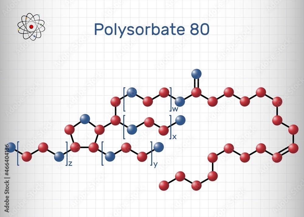 Polysorbate 80 molecule. Polysorbate is nonionic surfactant and emulsifier. Sheet of paper in a cage. Vector illustration