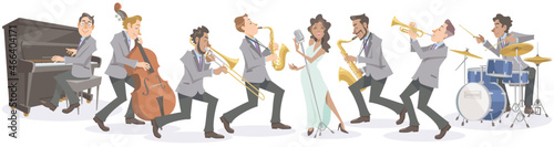 Jazz singer and musicians performing enthusiastically on isolated white background. Playing with musical instruments and vocal. Vector illustration in flat cartoon style.