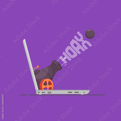 Vector illustration concept of modernization, and information. Laptop illustration with canon and HOAX word.