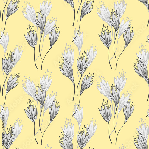 Floral seamless pattern. Abstract flowers in hand drawn sketch style. Line art. Nature background.