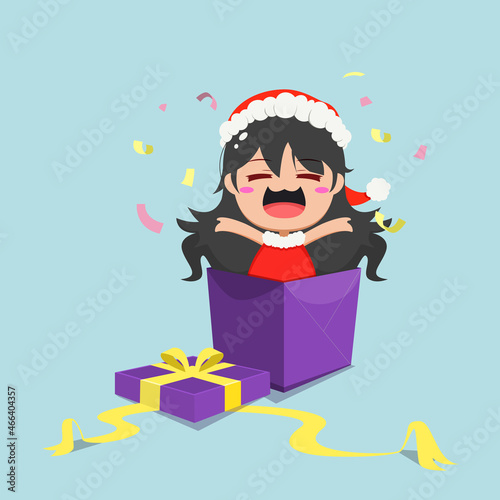 Illustration of a little girl wearing santa clothes and appear from the present box. Concept illustration of Christmas day
