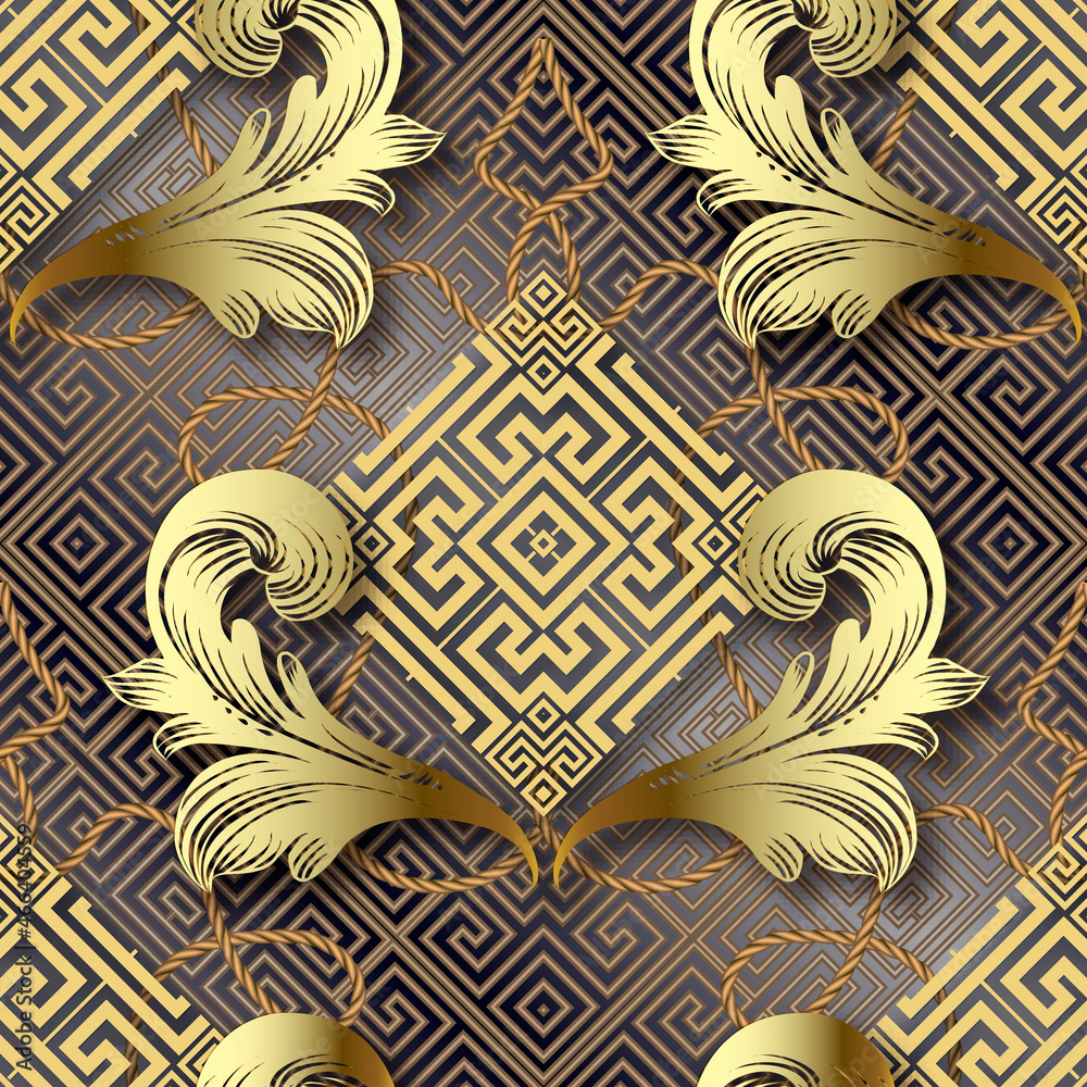 3d gold Baroque floral seamless pattern. Greek style ornamental ...