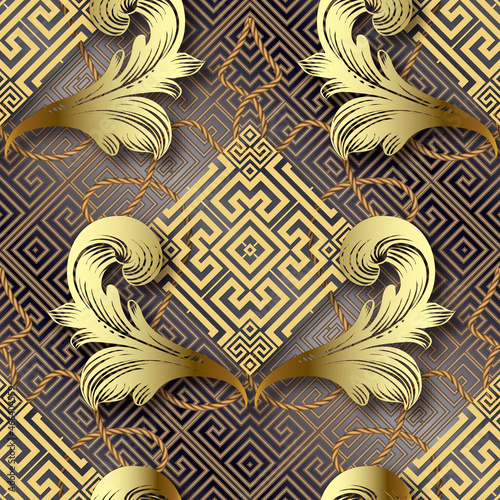 3d gold Baroque floral seamless pattern. Greek style ornamental geometric background. Vector repeat ornate backdrop. Luxury ornaments. Bintage flowers, leaves, geometry shapes, ropes. Greek meanders photo