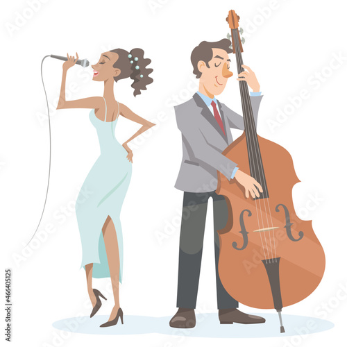 A jazz singer and a jazz bass player performing back to back on isolated white background. Performing with double bass and sing jazz song. Vector illustration in flat cartoon style.