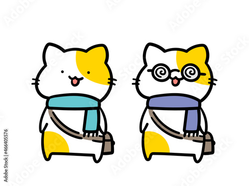 マフラーを巻いているかわいいねこの学生イラスト