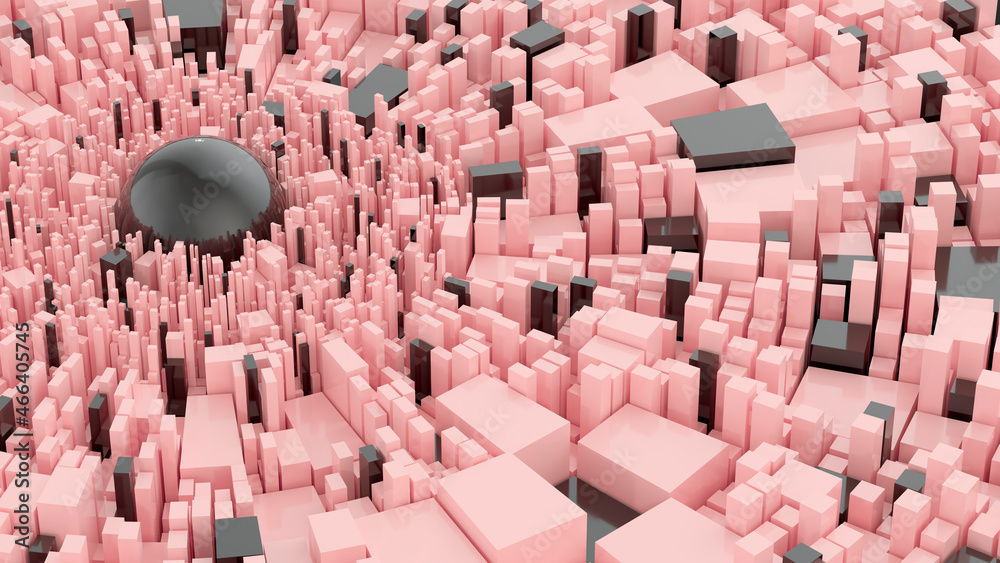 Obraz premium Abstract geometric background with square extrude and black sphere. Pink and black materials. Science fiction concept. 3D rendering.