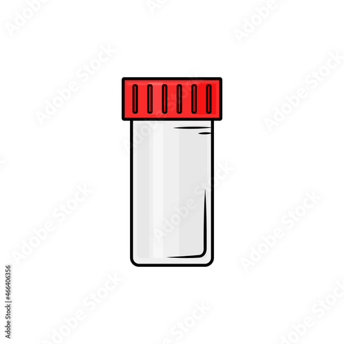  Plastic empty tube for analysis. Taking urine, feces. Icon. Container with a red lid. Vector cartoon illustration