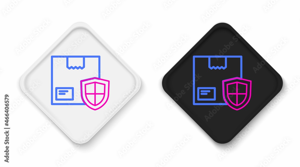 Line Delivery security with shield icon isolated on white background. Delivery insurance. Insured cardboard boxes beyond the shield. Colorful outline concept. Vector Line Delivery security with shield icon isolated on white background. Delivery insurance. Insured cardboard boxes beyond the shield. Colorful outline concept. Vector