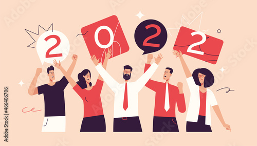 Vector illustration depicting a group of office workers celebrating the new year 2022. Editable stroke