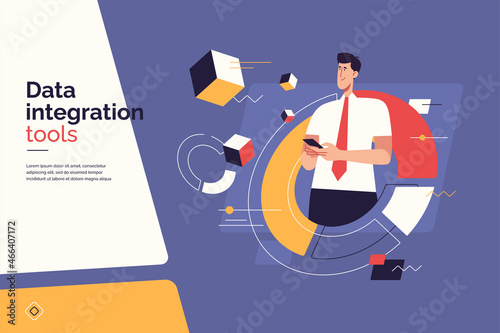 Vector illustration on the subject of data gathering, business intelligence, digital solutions. Editable stroke