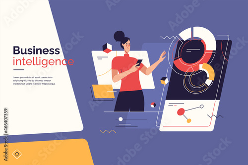 Vector illustration on the subject of data gathering, business intelligence, digital solutions. Editable stroke