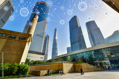 Smart city and wireless communication network on skyscrapers Central Business District in Shanghai ,China. network technology concept photo