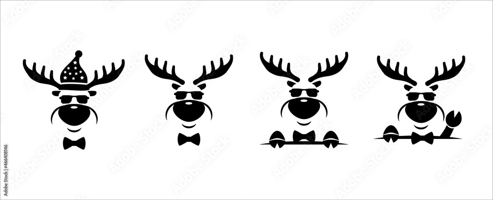 Set of cute reindeer face. Cool and cheerful expression of reindeer face character. Wearing hat and bow tie waving hand. Vector illustration design template for sticker, t-shirt, and printing. Set of cute reindeer face. Cool and cheerful expression of reindeer face character. Wearing hat and bow tie waving hand. Vector illustration design template for sticker, t-shirt, and printing.