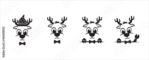 Set of cute reindeer face. Cool and cheerful expression of reindeer face character. Wearing hat and bow tie waving hand. Vector illustration design template for sticker, t-shirt, and printing.