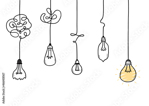 Concept of simplifying complex, confuse problem, purpose understand. Chaos path and idea concept with doodle lightbulbs. Hand drawn sketch style vector illustration.