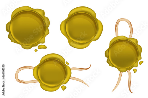 Set wax seal round stump gold color with rope in cartoon style isolated on white background. Confidential, quality symbol. 