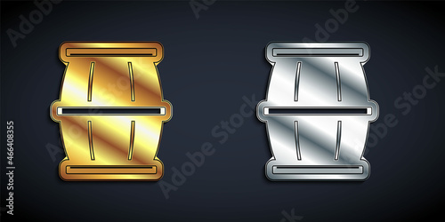 Gold and silver Wooden barrel with honey icon isolated on black background. Long shadow style. Vector
