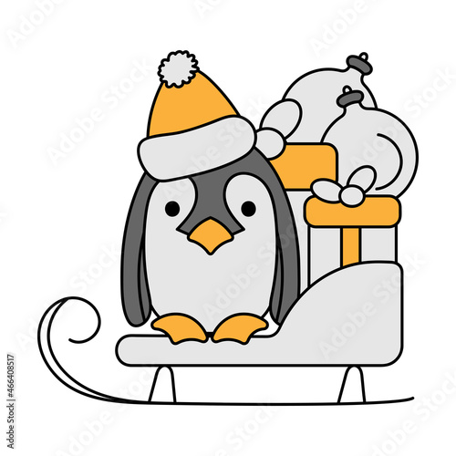 Cute penguin and sled with gifts and Christmas decorations. Vector illustration