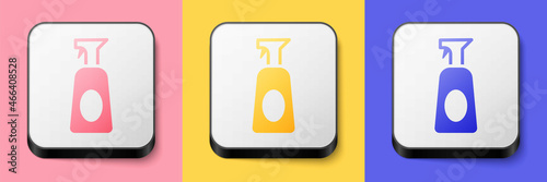 Isometric Cleaning spray bottle with detergent liquid icon isolated on pink, yellow and blue background. Square button. Vector
