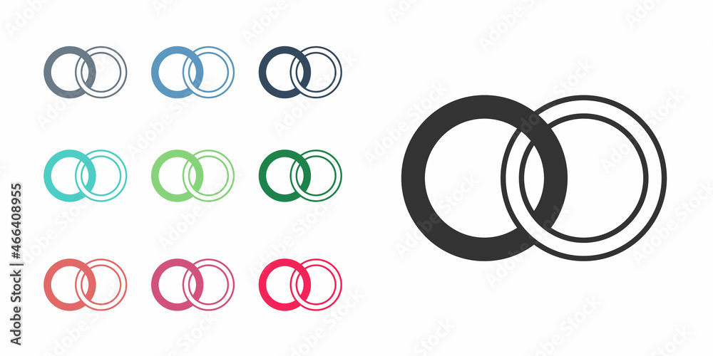 Obraz premium Black Wedding rings icon isolated on white background. Bride and groom jewelry sign. Marriage symbol. Diamond ring. Set icons colorful. Vector