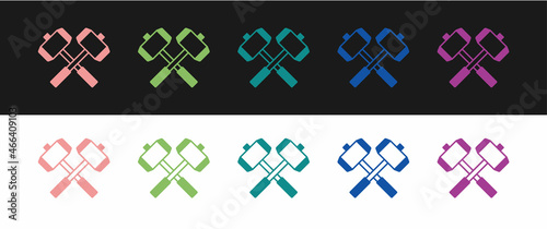 Set Medieval crossed battle hammers icon isolated on black and white background. Vector